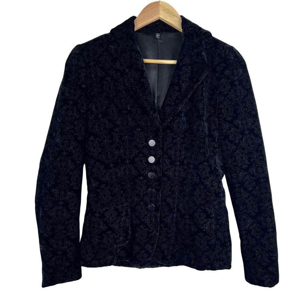 SILK Blend Black/Black Brocade Crushed Velvet Embroidered Whimsy Goth Blazer S